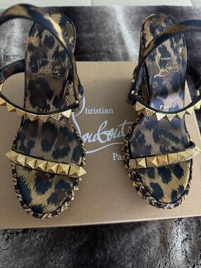 Christian Louboutin Leopard-Print Studded Sandals in Brown and Gold